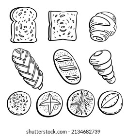 conjunto de pan de doodle negro y croissant, vector
