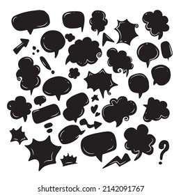 black doodle cartoon speech bubble with various shapes for comic chat box where to add words, speech or speech isolated on black background. vector illustration