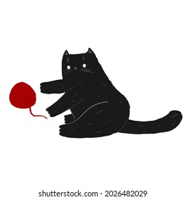 black doodle cat and a ball of wool. playing cat. black halloween pet. hand drawing. stock vector flat cartoon illustration.
