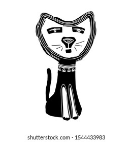 Black doodle cat in ethnic style. Vector hand drawn isolated illustration. Design print for t shirt, pillow, cup, kinds clothes, book, postcard, web, logo, branding, packing.
