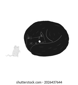 black doodle cat and mouse. sleeping cat. black halloween pet. hand drawing. stock vector flat cartoon illustration.
