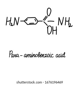  Black doodle chemistry formula para-aminobenzoic acid. Education - chemistry icon. Science technology. Graphics sketch. Scientific background. Chemistry concept. Microbiology concept.