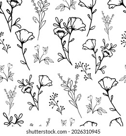Black doodle contour poppy flowers, lavender isolated on transparent background.Hand drawn floral ink seamless pattern vector illustration. Great for textile, paper, gift wrap or coloring for kids.