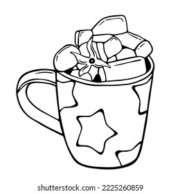 Doodle negro de una taza. Ilustración del tazón dibujada a mano. una taza de cacao con malvaviscos