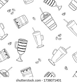Black doodle cups of coffee with seed on white background. Seamless food breakfast pattern. Suitable for packaging, banner.