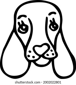 Black doodle of cute dog face. Hand-drawn illustration for children with Vizsla breed hound. Kind cartoon face of long-eared big-eyed pet. Friendly character for kids. Animal muzzle for canine icons.