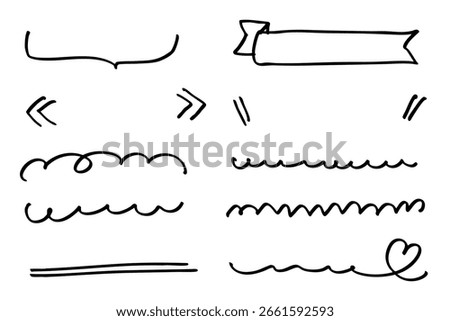 Black Hand‑Drawn Doodle Decorative Line Set – Frames, Arrows, Waves, Ribbon, Heart