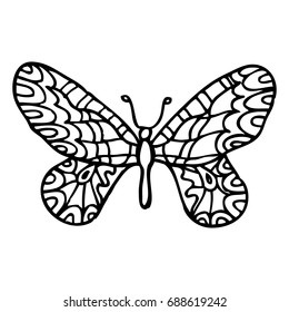 Black doodle decorative ornate butterfly isolated on white background. Vector illustration for your cute design.