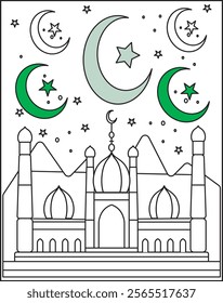 Black doodle drawing of mosques. Hand-drawn images of Islamic worship places for holiday card design. Doodle of different mosques. Eid Mubarak Kareem. Coloring Page For Kids And Adults.