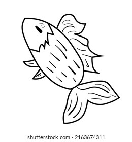 Black doodle fish vector illustration. Animal icon for kids. Line art on white background.