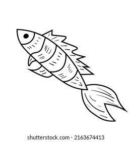 Black doodle fish vector illustration. Animal icon for kids. Line art on white background.