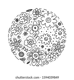 Black doodle flowers in the shape of a circle on a white background