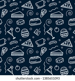 Black doodle of food and kitchen tools - vector background 