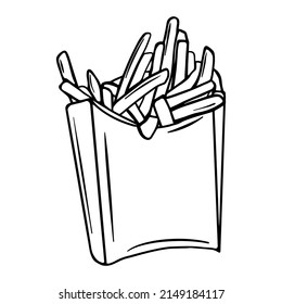 Black doodle of french fries. Hand-drawn street food illustration.  line art of french fries illustration