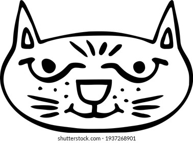 Black doodle with a funny cat's face. Cartoon pet for children. A decorative stylized picture for baby designs and icons. Vector illustration. 
