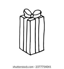 Black Doodle gift with ribbon and bow icon. Black and white Vector Outline element for holiday theme