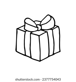 Regalo de Doodle Negro con cinta de acero y icono de arco. Elemento Esquema vectorial en blanco y negro para el tema de vacaciones. Artículo para tarjeta, cubiertas, impresiones, patrones, diseño web, impresión, decoraciones, textiles, tela.