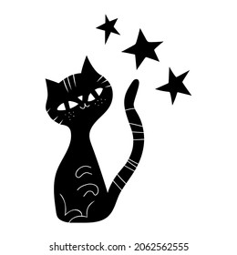 Diseño vectorial de Halloween con doodle negro con el gato de una bruja linda. Ilustración para niños, celebración, web, impresión, etc. 