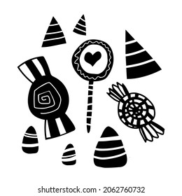 Black doodle Halloween vector design with cute candy. Illustration for kids, celebration, web, print, etc. 
