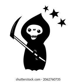 Black doodle Halloween vector design with a cute grim ripper. Illustration for kids, celebration, web, print, etc. 