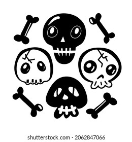 Black doodle Halloween vector design with cute skulls. Illustration for kids, celebration, web, print, etc. 