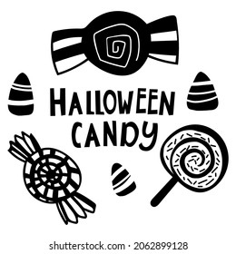 Black doodle Halloween vector design with candy and lettering. Illustration for kids, celebration, web, print, etc. 