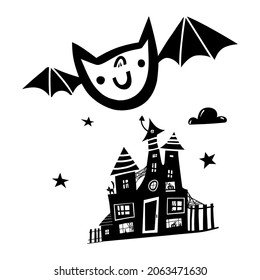 Diseño vectorial de Halloween con doodle negro con un murciélago lindo y una casa. Ilustración para niños, celebración, web, impresión, etc. 