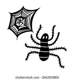 Black doodle Halloween vector design with a cute spider and web. Illustration for kids, celebration, web, print, etc. 