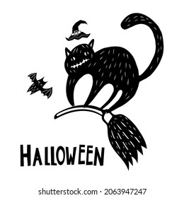 Black doodle Halloween vector design with a spooky cat and text. Illustration for kids, celebration, web, print, etc. 