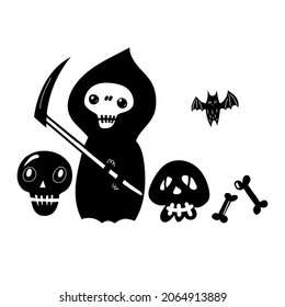 Black doodle Halloween vector design with a cute grim ripper. Illustration for kids, celebration, web, print, etc. 