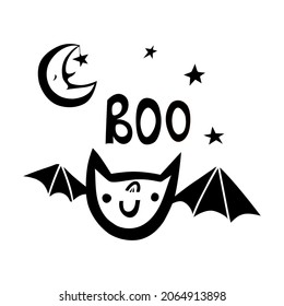 Diseño vectorial de Halloween con doodle negro con un murciélago lindo y boo de texto. Ilustración para niños, celebración, web, impresión, etc. 