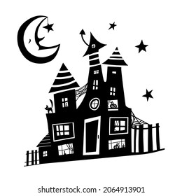 Black doodle Halloween vector design with a cute witch's house. Illustration for kids, celebration, web, print, etc. 