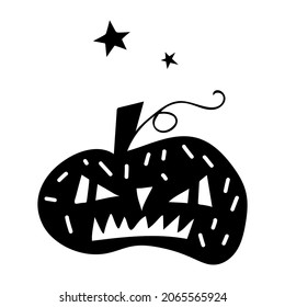 Black doodle Halloween vector design with a spooky pumpkin. Illustration for kids, celebration, web, print, etc. 