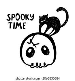 Black doodle Halloween vector design with cute scull and a cat. Illustration for kids, celebration, web, print, etc. 