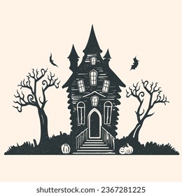 Diseño vectorial de Halloween con doodle negro con la casa de una bruja linda. Ilustración para niños, celebración, web, impresión, etc