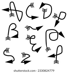 Black Doodle Hand Drawn Arrows Set on White Background. Arrow, Cursor Icon. Vector Pointers Collection. Back, Next Web Page Sign.