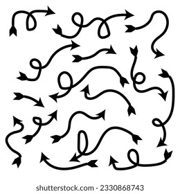Black Doodle Hand Drawn Arrows Set on White Background. Arrow, Cursor Icon. Vector Pointers Collection. Back, Next Web Page Sign.
