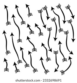 Black Doodle Hand Drawn Arrows Set on White Background. Arrow, Cursor Icon. Vector Pointers Collection. Back, Next Web Page Sign.