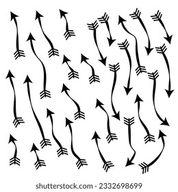 Black Doodle Hand Drawn Arrows Set on White Background. Arrow, Cursor Icon. Vector Pointers Collection. Back, Next Web Page Sign.
