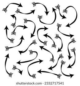 Black Doodle Hand Drawn Arrows Set on White Background. Arrow, Cursor Icon. Vector Pointers Collection. Back, Next Web Page Sign.