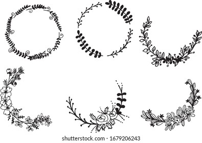 Black Doodle Hand Drawn Decorative Outlined Wreaths with Branches, Herbs, Plants, Leaves and Flowers, Florals. Vector Illustration. Frames, Circles
