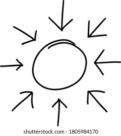 Black doodle handdrawing in arrow concentrate to circle shape on white background