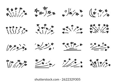 Black Doodle Hand-Drawn Fireworks with Stars Elements Collection