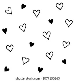 Black doodle hearts pattern on white background