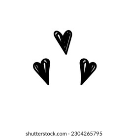 Black doodle hearts. Three hand drawn grunge style hearts. Scribble, line art love sign. Isolated vector illustration