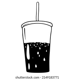 Black doodle of ice drink. Hand-drawn street food illustration.  line art of cup illustration