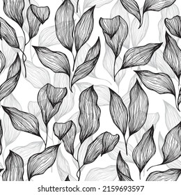 Black doodle leavevs vector seamless pattern, tissue print. Textile or book cover, wallpaper design. Hand drawn black leaves on white. Natural pattern for wallpaper, wrapping paper, surface design