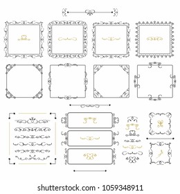 Black doodle line square frames and borders, emblems, and dividers design elements set on white background