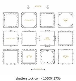 Black doodle line square frames emblem icons set on white background