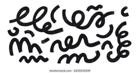 Black doodle lines. Abstract swirls and spirals, childish pen drawing, modern strokes. Hand drawn sketch pencil collages design. Vector cartoon flat style isolated on background illustration